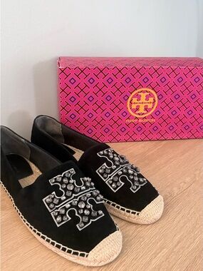 Tory Burch Black Suede Crystal Logo Espadrille Flats